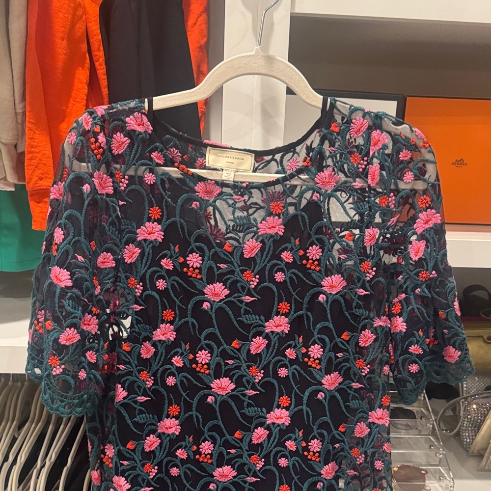 Moulinette Soeurs Black Blouse with Pink and Green Embroidery